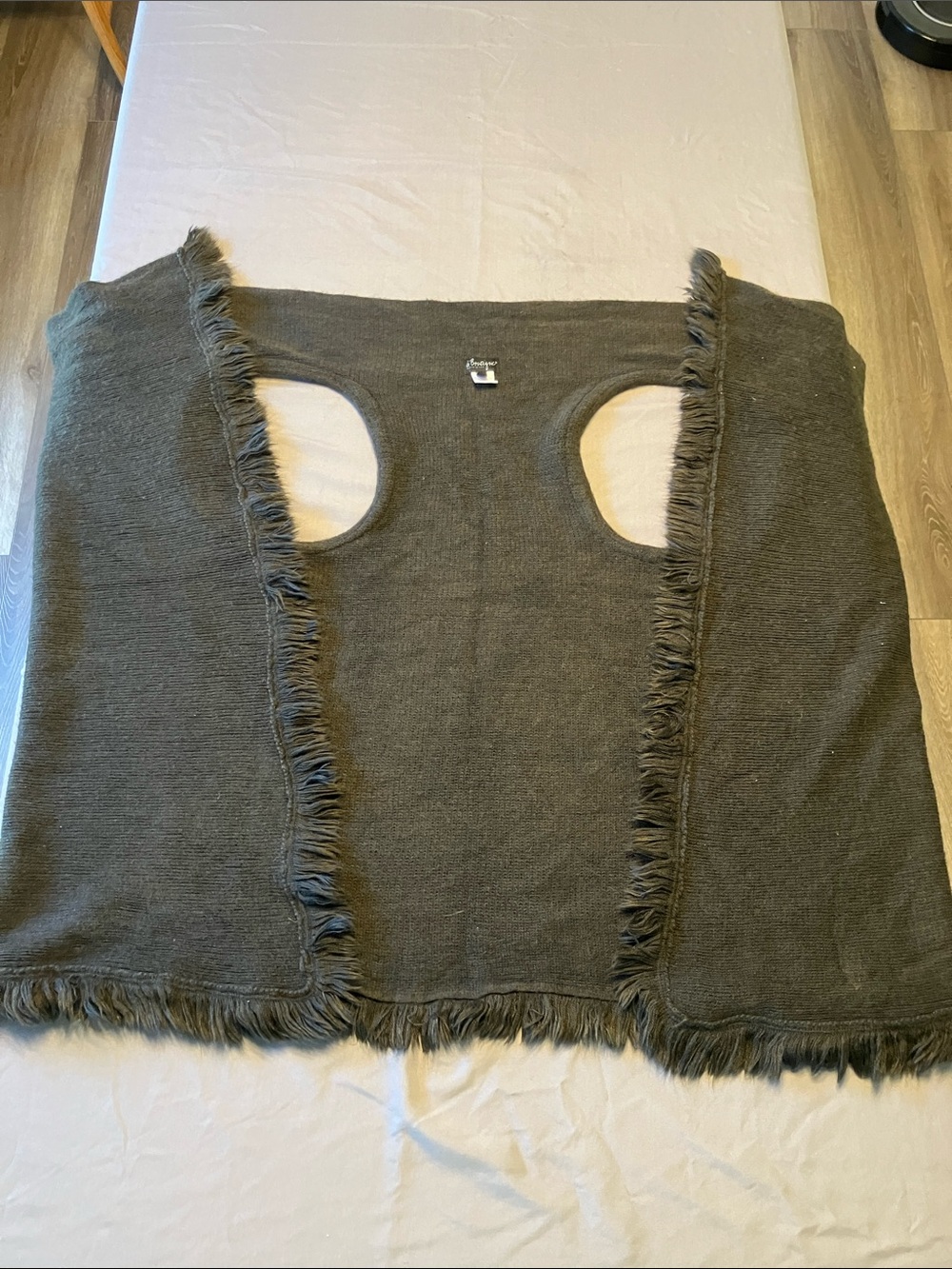 Fringed Open-Arm Knit Sweater Cape - Gray